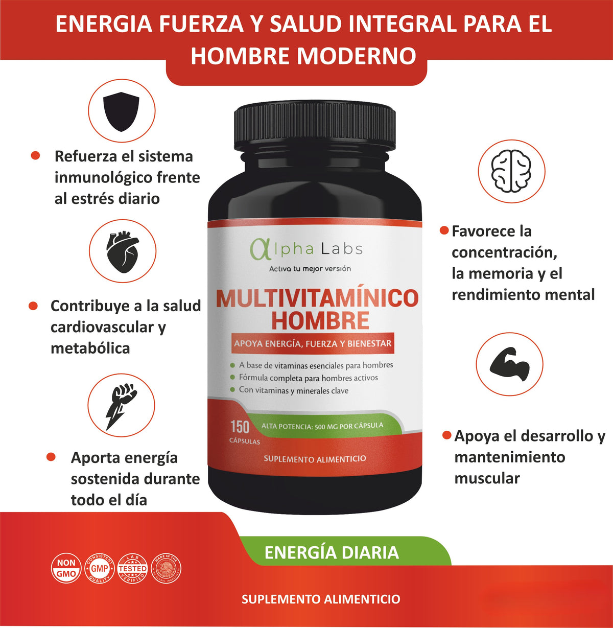 Multivitamínico Hombre Alpha Labs | 150 Cápsulas | Vitaminas y Minerales