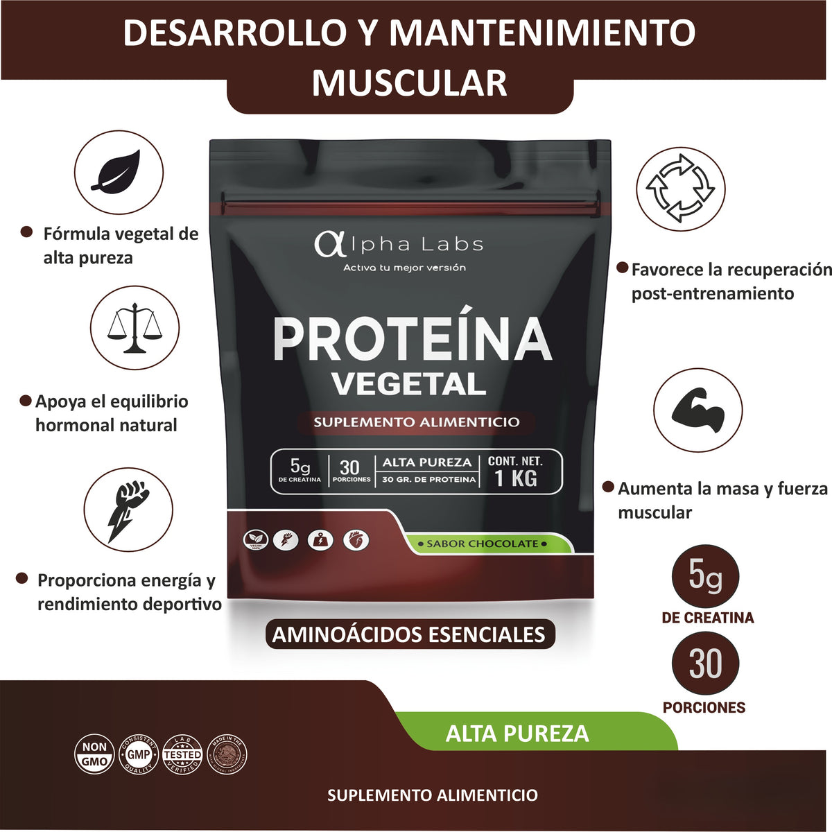 Proteína Vegetal Alpha Labs Chocolate | 30 g Proteína + 5 g Creatina | 1 kg