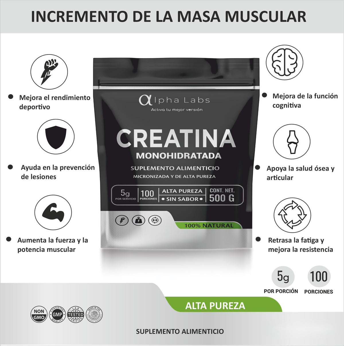 Creatina Monohidratada Micronizada Alpha Labs | 5 g por Porción | 500 g