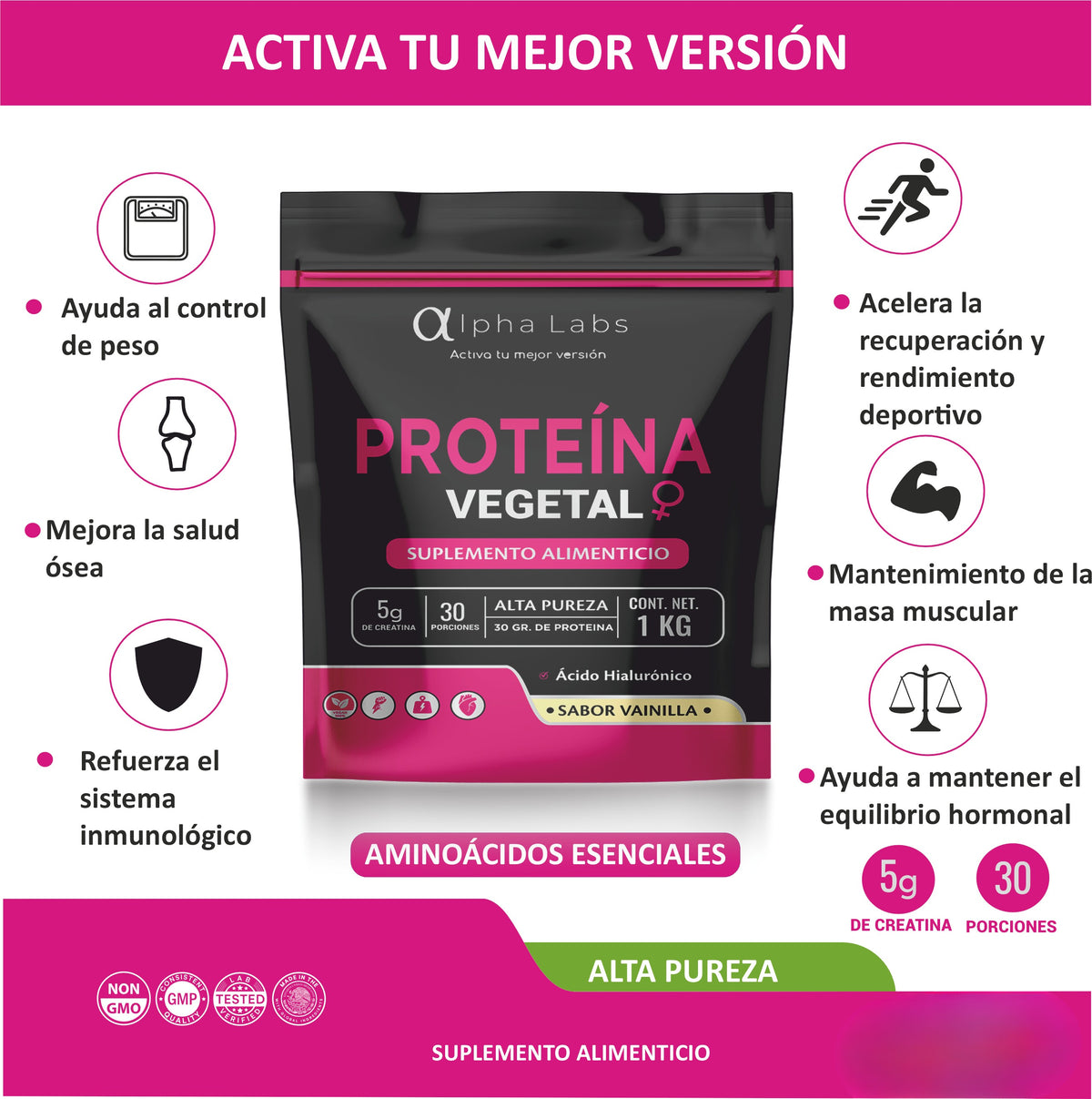 Proteína Mujer Alpha Labs Vainilla | 24 g Proteína | Creatina + Inositol | 1 kg