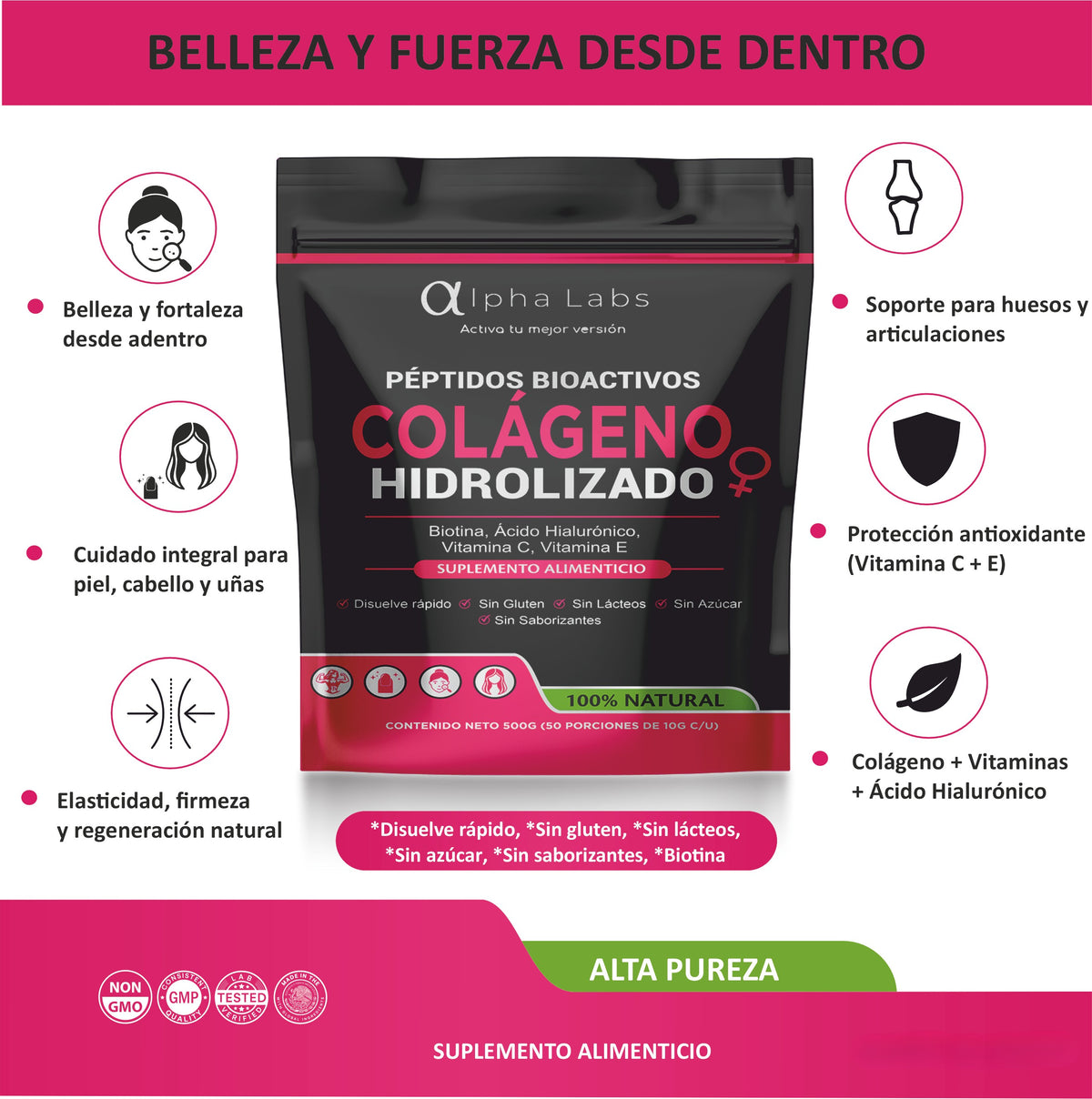 Colágeno Hidrolizado Alpha Labs | 500 g | Con Biotina y Ácido Hialurónico