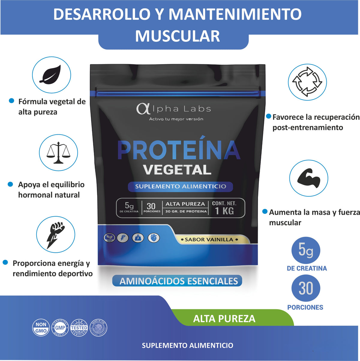 Proteína Vegetal Alpha Labs Vainilla | 30 g Proteína + 5 g Creatina | 1 kg