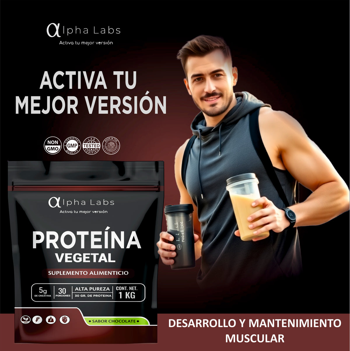 Proteína Vegetal Alpha Labs Chocolate | 30 g Proteína + 5 g Creatina | 1 kg