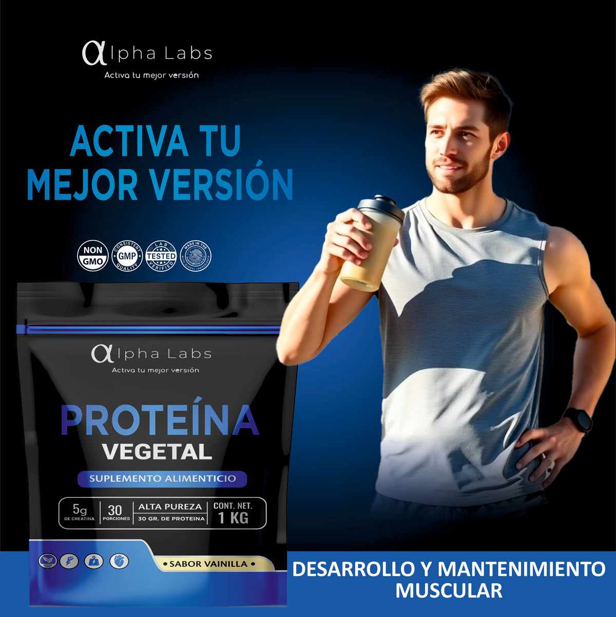 Proteína Vegetal Alpha Labs Vainilla | 30 g Proteína + 5 g Creatina | 1 kg