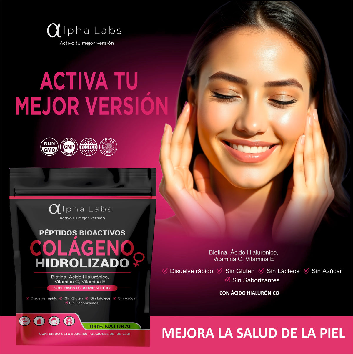 Colágeno Hidrolizado Alpha Labs | 500 g | Con Biotina y Ácido Hialurónico
