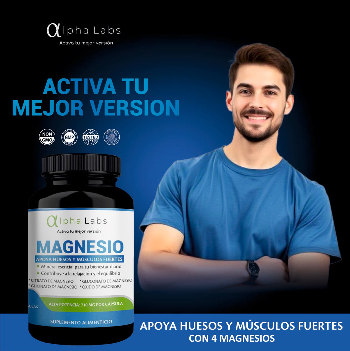 Magnesio Alpha Labs 710 mg por Cápsula | 60 Cápsulas | Mezcla de 4 Fuentes