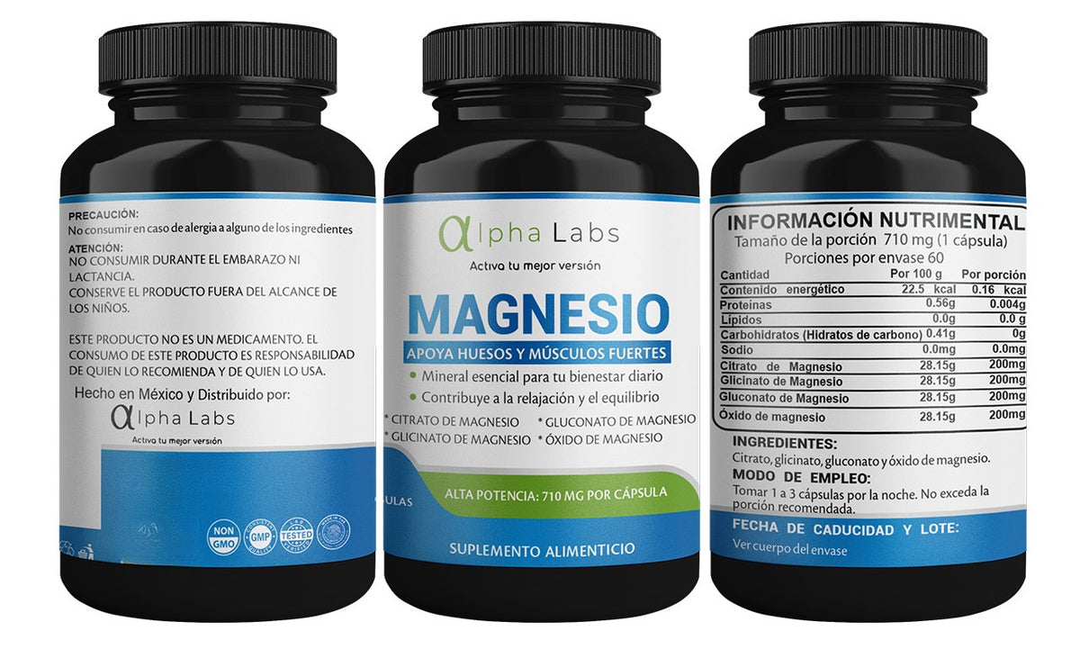 Magnesio Alpha Labs 710 mg por Cápsula | 60 Cápsulas | Mezcla de 4 Fuentes